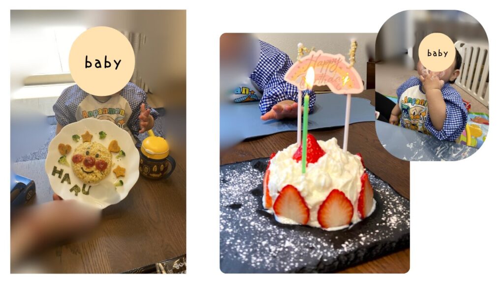 手作りのアンパンマンオムライスとヨーグルトケーキ